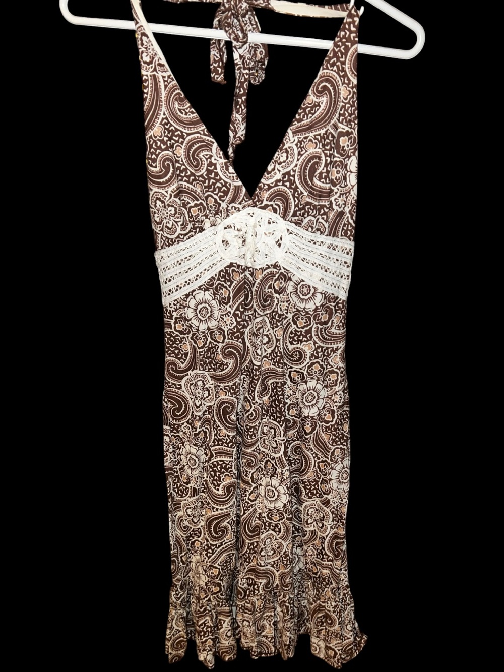 Vintage Brown Paisley Cotton Halter Sun Dress with Lace Waist size 9